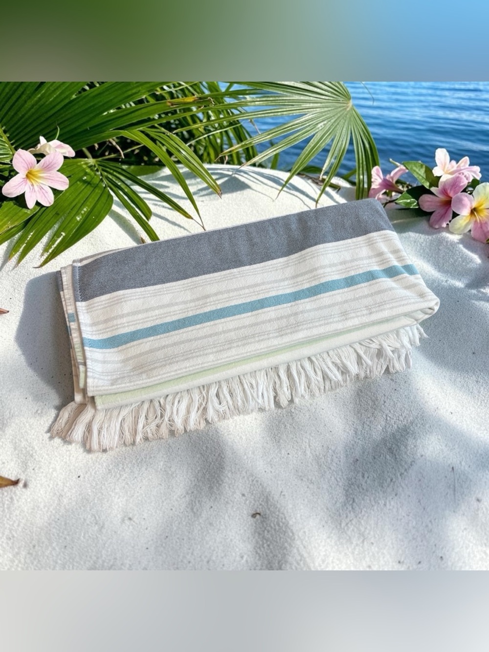 Coyuchi Flat Weave Striped Beach Towel Fringe Edge Blue Gray Green White 70”x37